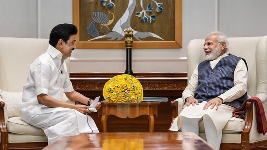 Prime Minister Narendra Modi interacts with Tamil Nadu Chief Minister MK Stalin during a meeting, in New Delhi.(PTI)
