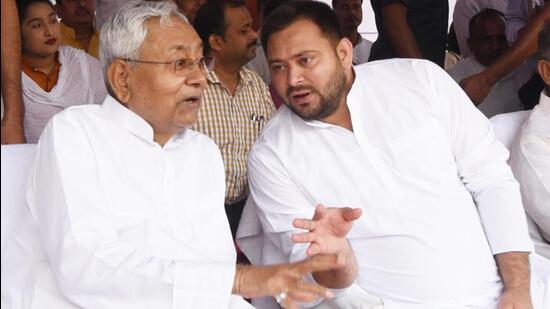 Bihar chief minister Nitish Kumar (left) with deputy CM Tejashwi Yadav in Patna last week. (Santosh Kumar/HT Photo)