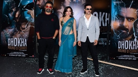 R Madhavan, Khushalii Kumar and Darshan Kumaar were spotted during the teaser launch of their upcoming film, Dhokha Round D Corner on Wednesday. The suspense drama also stars Aparshakti Khurana and marks Khushalii's debut in Bollywood. It is set to release on September 23. (Varinder Chawla)