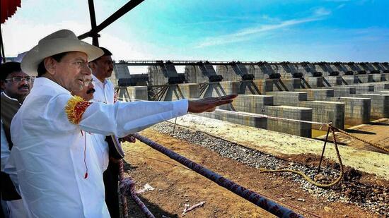 Kaleshwaram Project lift irrigation scheme at Medigadda in Telangana was heavily damaged due to the floods in Godavari river last month. (PTI) Kaleshwaram Project lift irrigation scheme at Medigadda in Telangana was heavily damaged due to the floods in Godavari river last month. (PTI)