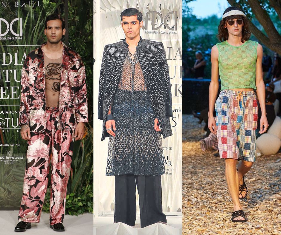 (L-R) Models in a Varun Bahl, Rohit Khanna Rahul Gandhi creations, a model in (da)vision mesh crop top (Photos: Dhruv Sethi/HT; Instagram)