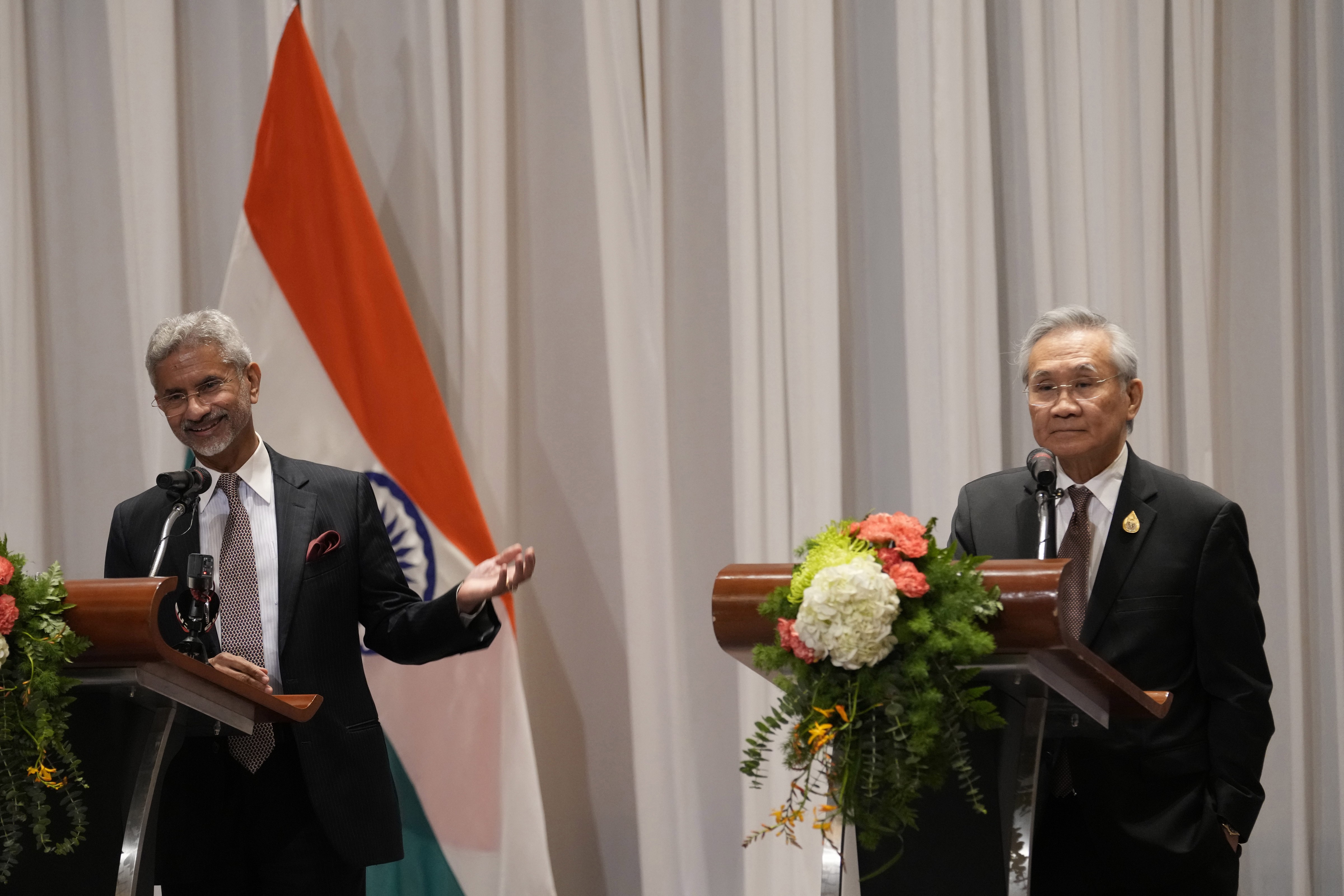 EAM S Jaishankar with Thailand's FM Don Pramudwinai attend a press conference in Bangkok on Thailand. (AP) EAM S Jaishankar with Thailand's FM Don Pramudwinai attend a press conference in Bangkok on Thailand. (AP)