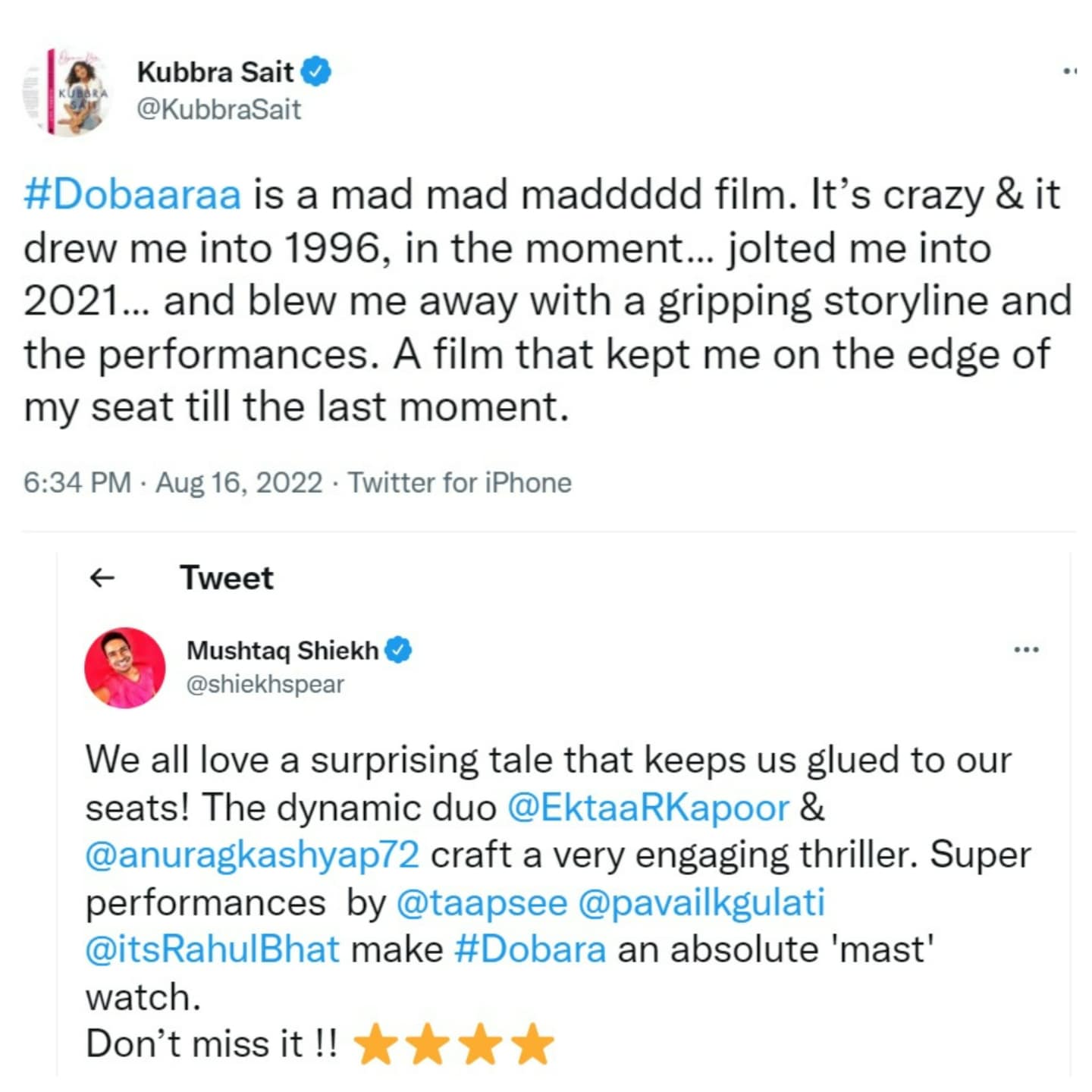 Kubbra Sait and Mushtaq Shiekh also shared their reaction on Dobaaraa on Twitter.&nbsp;