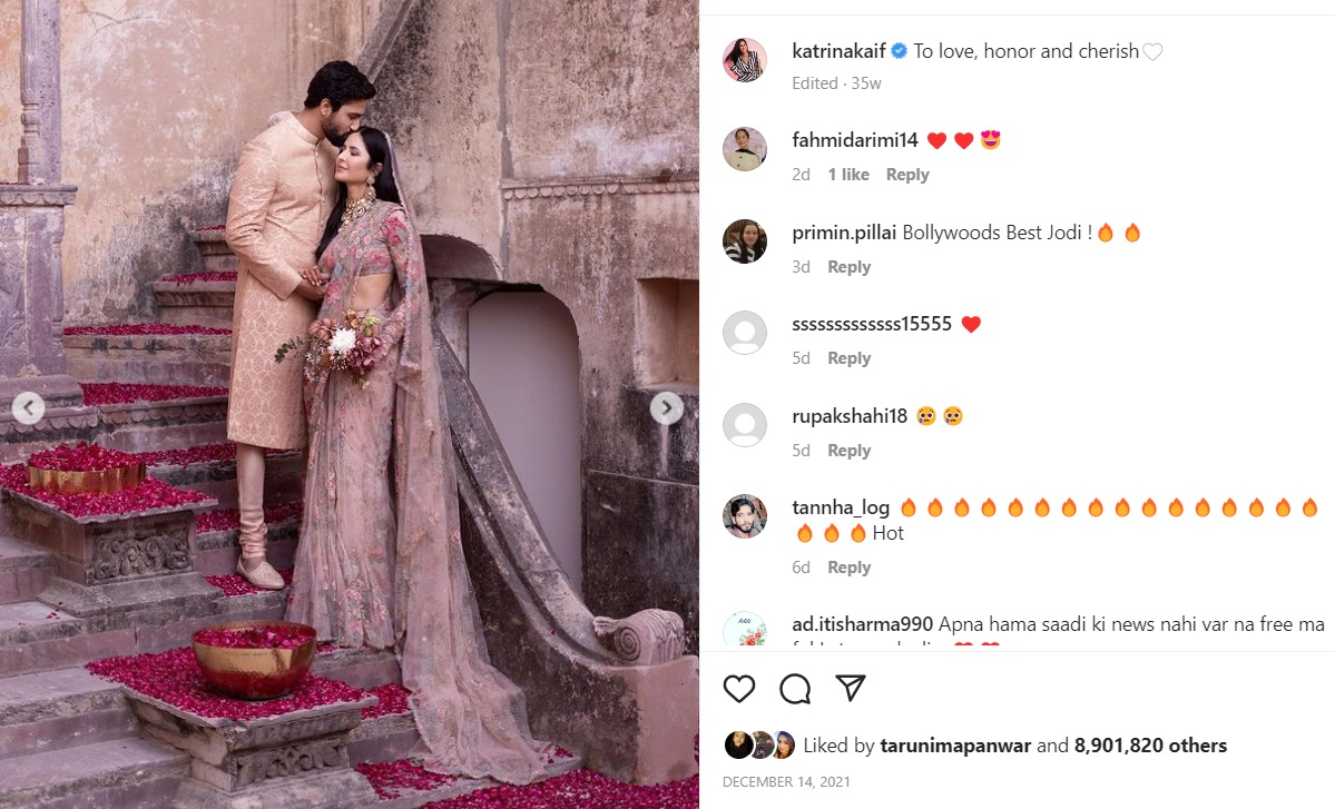 Katrina Kaif shared a series of Instagram posts with her and Vicky Kaushal's wedding photos in December 2021.