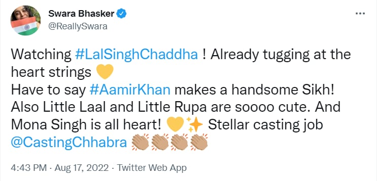 Swara Bhasker reviews Laal Singh Chaddha.