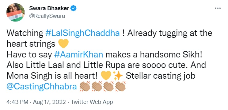 As a Chadha I…': Richa Chadha reviews Laal Singh Chaddha on Twitter