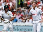England's Ben Stokes reacts as South Africa's Sarel Erwee looks on