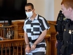 Hadi Matar, 24, center, arrives for an arraignment in the Chautauqua County Courthouse in Mayville, NY.
