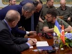 Ukraine's President Volodymyr Zelenskiy and Turkish President Tayyip Erdogan attend a meeting with U.N. Secretary-General Antonio Guterres, amid Russia's attack on Ukraine, in Lviv, Ukraine August 18, 2022. (Ukrainian Presidential Press Service/Handout via REUTERS)