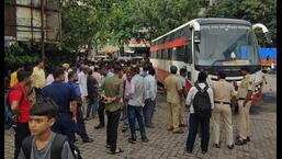 Scene at the Khopat bus depot in Thane, where a man was killed by a speeding MSRTC bus on Thursday afternoon. (PRAFUL GANGURDE/HT PHOTO)