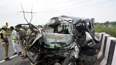 Ghaziabad, India - August 18, 2022: A view of the mangled remains of a car after an accident on Delhi-Meerut Expressway near Kushaliya village, in Ghaziabad, India, on Thursday, August 18, 2022. (Photo by Sakib Ali /Hindustan Times) Ghaziabad, India - August 18, 2022: A view of the mangled remains of a car after an accident on Delhi-Meerut Expressway near Kushaliya village, in Ghaziabad, India, on Thursday, August 18, 2022. (Photo by Sakib Ali /Hindustan Times)