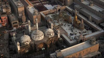 An aerial shot shows the Gyanvapi mosque on the left and the Kashi Vishwanath temple on the right. (AP Photo)