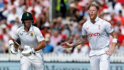 England's Ben Stokes reacts as South Africa's Sarel Erwee looks on (Action Images via Reuters)