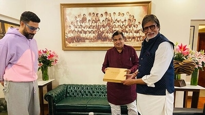 Nitin Gadkari meets Amitabh Bachchan, Abhishek Bachchan to seek support for National Road Safety Mission across India. (ANI) Nitin Gadkari meets Amitabh Bachchan, Abhishek Bachchan to seek support for National Road Safety Mission across India. (ANI)