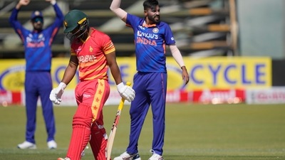 Indian cricket players celebrate a wicket on the first day of the One-Day International cricket match between Zimbabwe and India (AP) Indian cricket players celebrate a wicket on the first day of the One-Day International cricket match between Zimbabwe and India (AP)