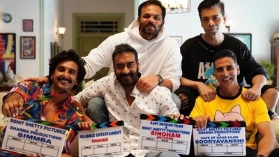 Rohit Shetty with actors Ranveer Singh, Ajay Devgn, and Akshay Kumar, stars of his cop films Simmba, Singham, and Sooryavanshi.&nbsp;