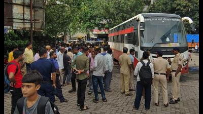Scene at the Khopat bus depot in Thane, where a man was killed by a speeding MSRTC bus on Thursday afternoon. (PRAFUL GANGURDE/HT PHOTO)