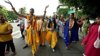 Devotees during a Shobha Yatra ahead of Janmashtami in Noida. On Janmashtami, people stay up all night dancing and singing bhajans as it is believed that lord Krishna was born at midnight on the eighth day of Bhadrapada month. (Hindustan Times) Devotees during a Shobha Yatra ahead of Janmashtami in Noida. On Janmashtami, people stay up all night dancing and singing bhajans as it is believed that lord Krishna was born at midnight on the eighth day of Bhadrapada month. (Hindustan Times)