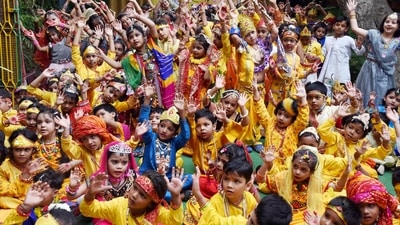 School children dressed as Lord Krishana and Radha celebrate Janmashtami in Patna. The day reminds us of Lord Krishna's noble message of love, compassion and Dharma. (Aftab Alam Siddiqui) School children dressed as Lord Krishana and Radha celebrate Janmashtami in Patna. The day reminds us of Lord Krishna's noble message of love, compassion and Dharma. (Aftab Alam Siddiqui)
