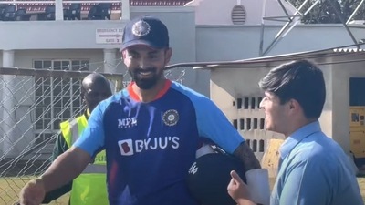 KL Rahul interacts with a young Indian fan in Zimbabwe