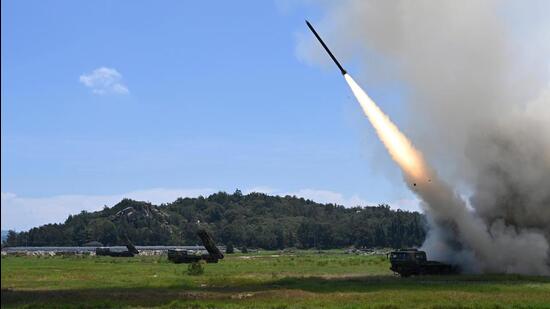 A projectile is launched from an unspecified location in China during long-range live-fire drills by the army of the Eastern Theater Command of the Chinese People's Liberation Army, on August 4, 2022. (AP)