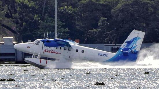 India's first seaplane lands at Kochi lake for refueling ahead of its inauguration in Gujarat on October 25, 2020. (PTI Photo)