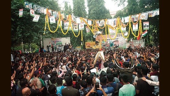 At SP college, a Dahi Handi with books was organised on Thursday. (HT PHOTO)