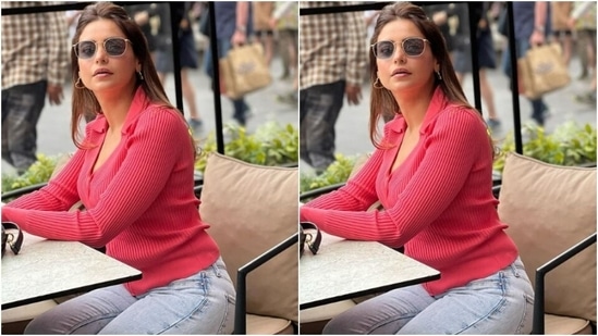 Aamna further accessorised her look for the day in silver heart-shaped earrings and tinted shades as she posed for the cameras(Instagram/@aamnasharifofficial)