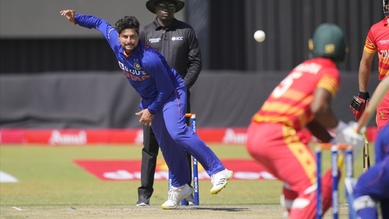 Indian bowler Kuldeep Chahar in action on the first day of the One-Day International cricket match between Zimbabwe and India(AP)