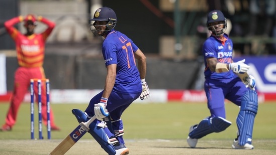 Indian batsman Shubman Gill, left, and Shikhar Dhawan in action on the first day of the One-Day International cricket match between Zimbabwe and India(AP)