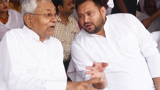 Bihar chief minister Nitish Kumar (left) with deputy CM Tejashwi Yadav in Patna last week. (Santosh Kumar/HT Photo)