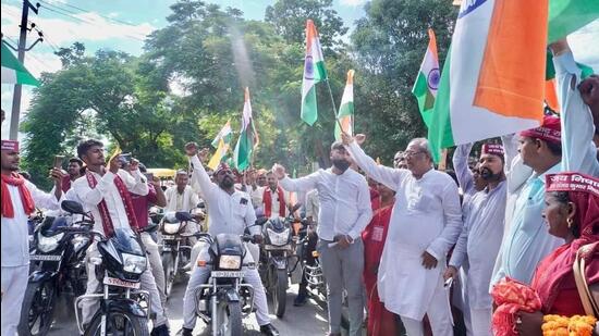 Nishad party members taking out a Tiranga rally on August 14. (Twitter (@RMNnishad4u)) Nishad party members taking out a Tiranga rally on August 14. (Twitter (@RMNnishad4u))