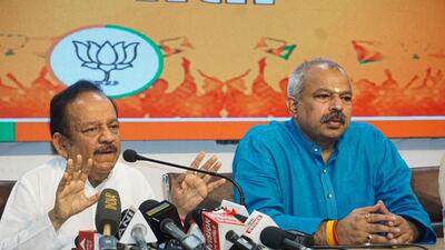 ormer Union minister and Delhi MP Dr Harsh Vardhan and Delhi BJP chief Adesh Gupta at the joint press conference. (PTI Photo) ormer Union minister and Delhi MP Dr Harsh Vardhan and Delhi BJP chief Adesh Gupta at the joint press conference. (PTI Photo)