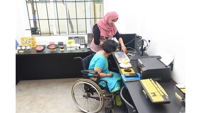 A visitor at the Museum of Possibilities in Chennai, Tamil Nadu. Dedicated to the differently and specially abled, this museum has a café with counters at varying heights and suction-cup crockery for those who need it. The toilets are wheelchair-enabled. The Live, Work, Play sections feature musical instruments, boardgames, literature and software adapted for the differently abled. Check out the tactile surfaces for the visually challenged, beds and shelves at wheelchair-enabled levels, remote-controlled and voice-activated devices, sliding doors for greater ease. (Picture courtesy: Museum of Possibilities) A visitor at the Museum of Possibilities in Chennai, Tamil Nadu. Dedicated to the differently and specially abled, this museum has a café with counters at varying heights and suction-cup crockery for those who need it. The toilets are wheelchair-enabled. The Live, Work, Play sections feature musical instruments, boardgames, literature and software adapted for the differently abled. Check out the tactile surfaces for the visually challenged, beds and shelves at wheelchair-enabled levels, remote-controlled and voice-activated devices, sliding doors for greater ease. (Picture courtesy: Museum of Possibilities)