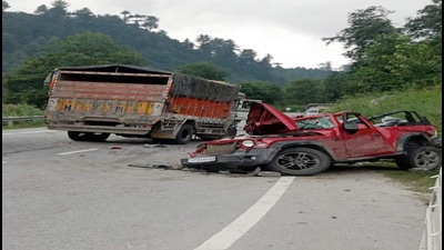 The mangled remains of the couple’s car which was hit by a truck near Manali in Himachal Pradesh on Friday. The mangled remains of the couple’s car which was hit by a truck near Manali in Himachal Pradesh on Friday.