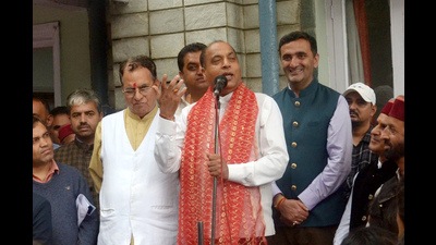 Himachal chief minister Jai Ram Thakur addressing a delegation of BJP workers in Shimla on Friday. (Deepak Sansta/HT)