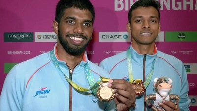 Satwiksairaj Rankireddy and Chirag Shetty pose for photograph after winning Gold in men's double Badminton at Commonwealth Games 2022 (ANI) Satwiksairaj Rankireddy and Chirag Shetty pose for photograph after winning Gold in men's double Badminton at Commonwealth Games 2022 (ANI)