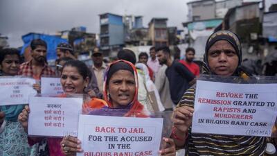 Protests against the release of convicts in the Bilkis Bano case, at Bandra in Mumbai on Friday. (Satish Bate/HT photo) Protests against the release of convicts in the Bilkis Bano case, at Bandra in Mumbai on Friday. (Satish Bate/HT photo)