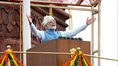 Prime Minister Narendra Modi addresses the nation from the ramparts of the Red Fort on the occasion of the 76th Independence Day, in Delhi on Monday. (ANI) Prime Minister Narendra Modi addresses the nation from the ramparts of the Red Fort on the occasion of the 76th Independence Day, in Delhi on Monday. (ANI)
