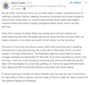 The post shared by the man about his wife's cancer battle (part 1). (LinkedIn/@Babar Shaikh)