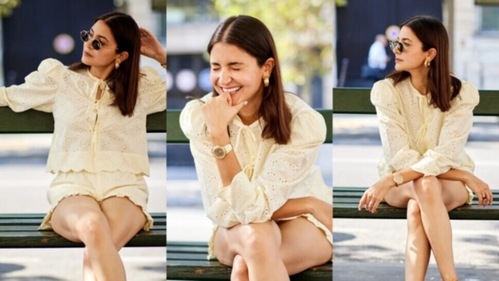 Anushka wore a yellow top, matching shorts, brown flats and dark sunglasses. Anushka wore a yellow top, matching shorts, brown flats and dark sunglasses.