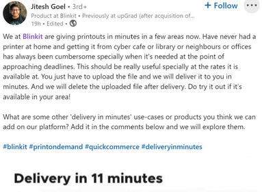 Jitesh Goel, product manager at Blinkit, wrote about the announcement on LinkedIn. (Jitesh Goel/ LinkedIn) Jitesh Goel, product manager at Blinkit, wrote about the announcement on LinkedIn. (Jitesh Goel/ LinkedIn)