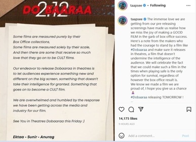 Taapsee Pannu shared a note by producers and director of Dobaaraa. Taapsee Pannu shared a note by producers and director of Dobaaraa. 