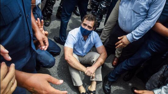 Rahul Gandhi during a protest in New Delhi. (Hindustan Times) Rahul Gandhi during a protest in New Delhi. (Hindustan Times)