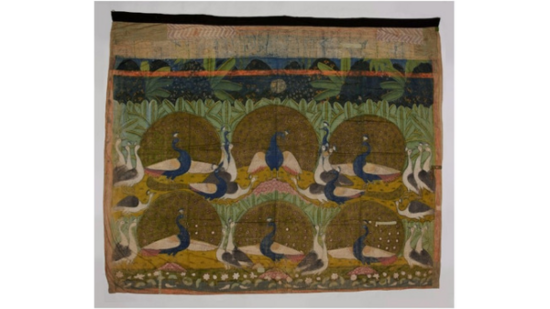 Morakuti Pichwai&nbsp;Unknown; early 20th century&nbsp;Dimensions: H. 270.5 X W. 323 cm&nbsp;Medium: mineral pigments, cotton&nbsp;&nbsp;&nbsp;A rectangular pichwai panel. The panel, painted in the typical Nathdwara style, displays a scene of thirty-two peacocks and peahens. Six of the peacocks fan their feathers for the clusters of peahens. The Pichwai panel is presumably depicting a Ras Leela, alluding to Krishna playing with gopis (cow-herd girls). Derived from the terms Pichh (back) and Wai (hanging), Pichwais are painted textiles used as backdrops, wall coverings and ceiling canopies in temples to celebrate events and festivals associated with Krishna.