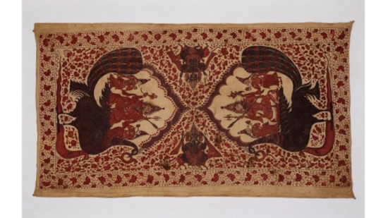 Kalamkari Hanging&nbsp;Unknown; late 19th century – mid 20th century&nbsp;Dimensions: L. 112.5 x W. 62 cm&nbsp;Medium: cotton, natural dyes&nbsp;&nbsp;A rectangular, hand painted kalamkari panel depicting the Hindu gods Kartikeya and Ganesh, in shades of red and black, on an off white cotton ground. Derived from the Persian, kalam (pen) and kari (work), Kalamkari is a hand painting and block printing technique. The tradition heightened under the Mughal dynasty and the Golconda Sultanate, and flourished as trade textiles across Southeast Asia, Europe and the Middle East from the fifteenth to the nineteenth centuries.