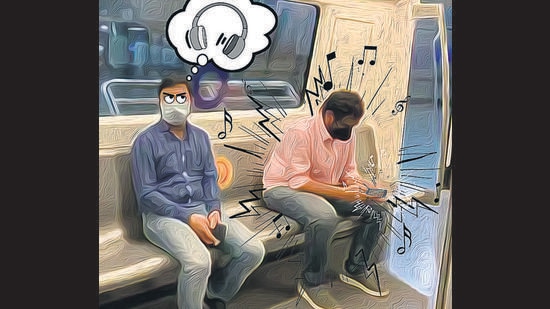 Talking on phone with the speaker mode on, and hearing music on loud are some of the irritating habits of Metro passengers, as shared by Delhiites. (Illustration: Anurag Mehra/HT)