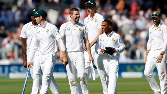 South Africa's Anrich Nortje celebrates with teammates after winning the first Test(Reuters)