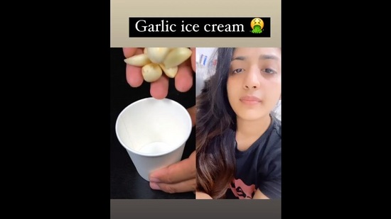 The image, taken from the viral Instagram video, shows a woman reacting to the ice cream made of garlic cloves.(Instagram/@the_fit_jodi)