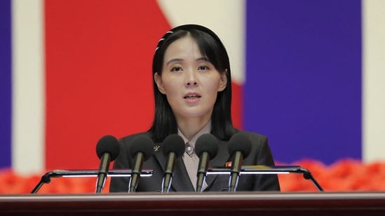 File photo of Kim Yo Jong, the sister of North Korea's leader Kim Jong Un, speaking at the National Emergency Prevention General Meeting in Pyongyang.(AFP PHOTO/KCNA VIA KNS)
